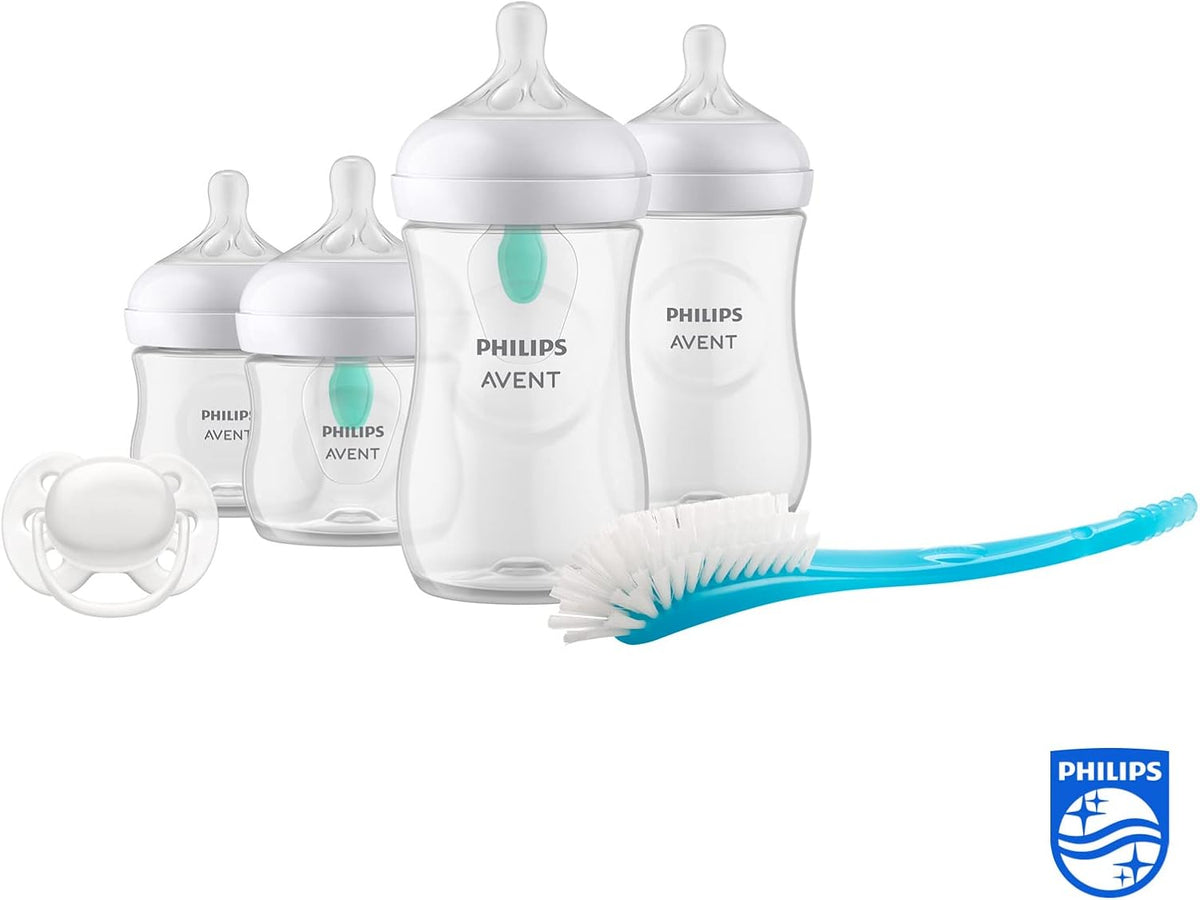 Philips Avent AirFree Baby Bottle Gift Set for Newborn Babies - 4 Baby Milk Bottles with AirFree Opening, Ultra Soft Pacifier and Bottle Brush, for 0-12 Months Babies (Model SCD657/11) — Transparent