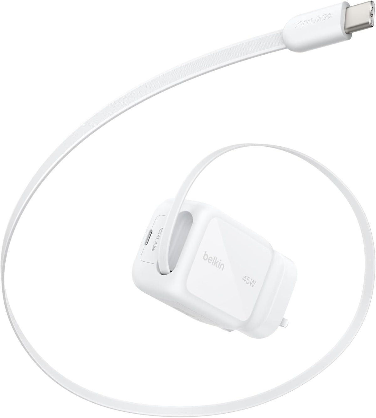 Belkin UltraCharge USB-C Plug Charger 45W with 2.3ft (80cm) Retractable USB C Cable & USB C Port, Fast Charging for iPhone 17 & 16 Series, Galaxy S26 Series, AirPods, Tablet, MacBook, Laptop