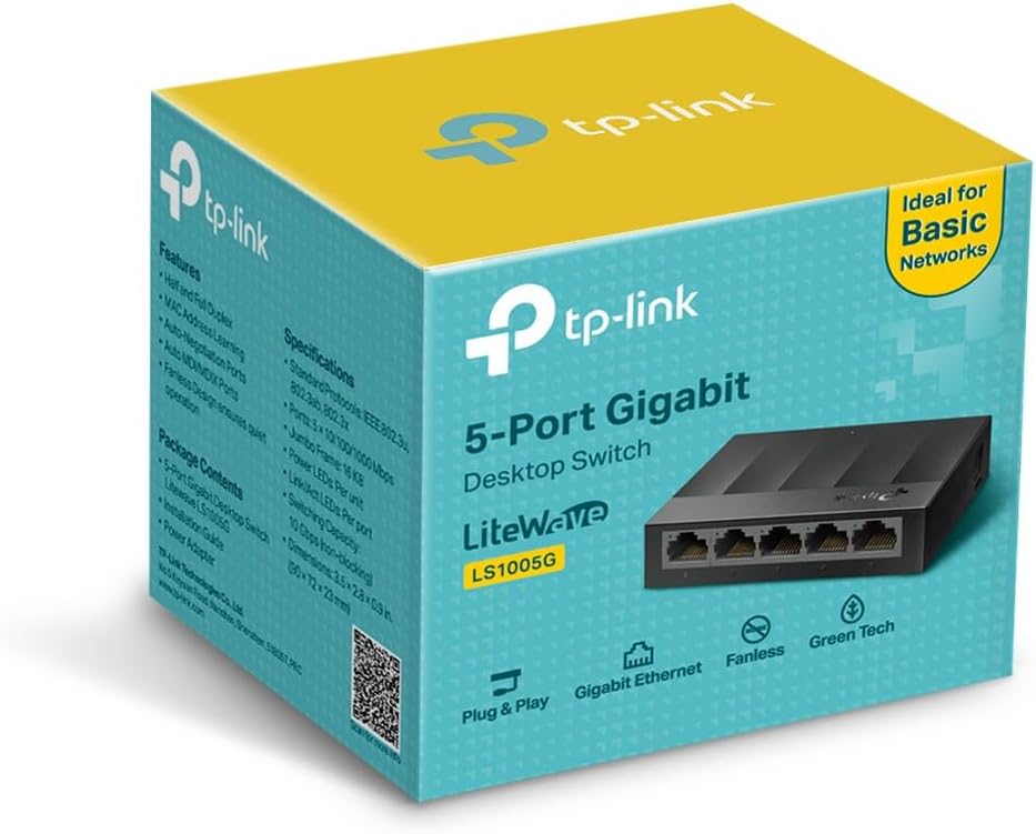 TP-Link LS1005G 5-Port Desktop Switch (5 x Gigabit Auto-Negotiation RJ45 Ports, IEEE 802.3x, Plug and Play, Energy Saving, Plastic Housing for Easy Table or Wall Mounting) Black