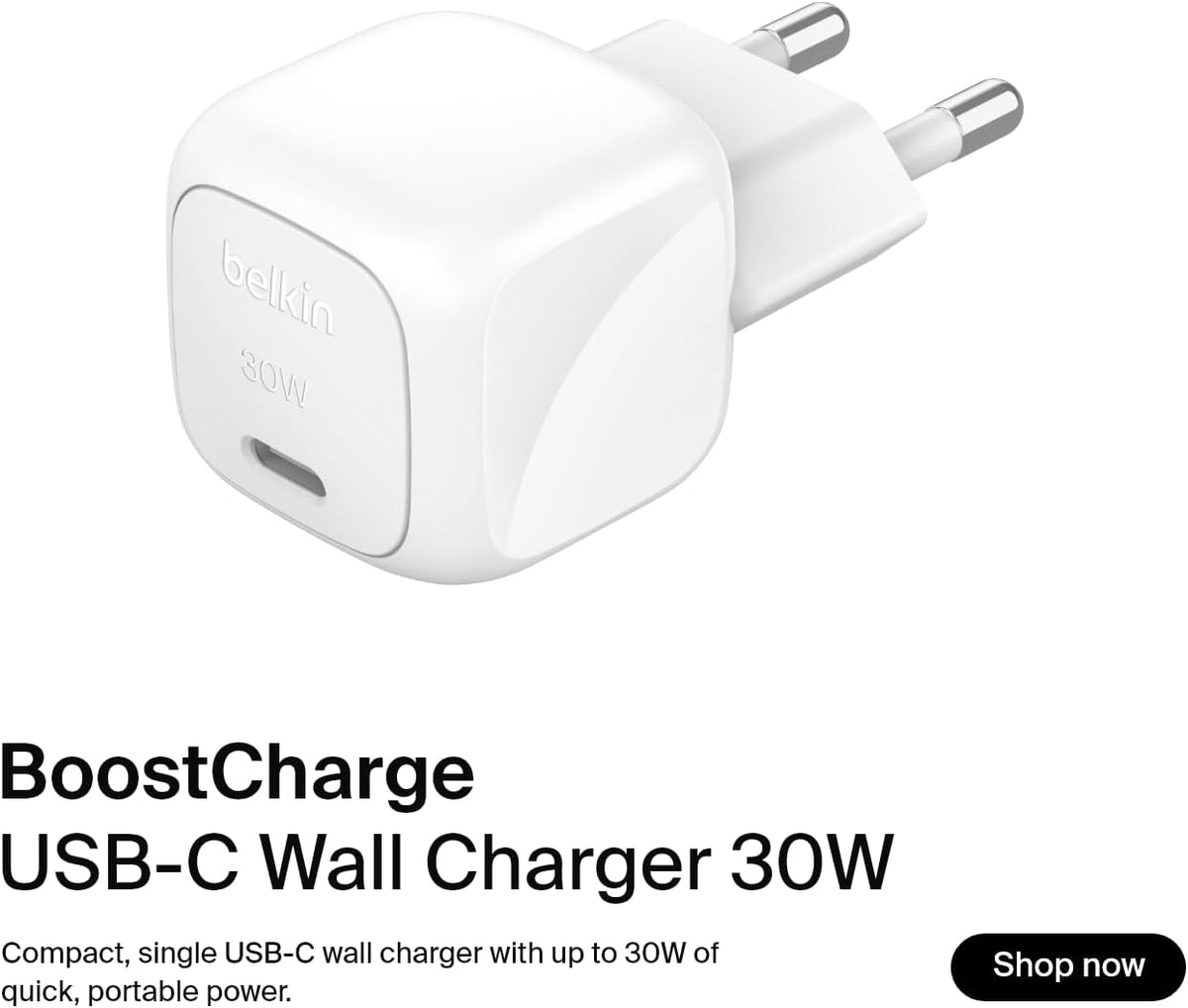 Belkin BoostCharge 30W Mains Charger (Compact and Portable, USB-C Power Delivery, for all iPhone 16, 15, 14, 13, Samsung Galaxy S24, S23, iPad, AirPods, Tablets, etc., White)