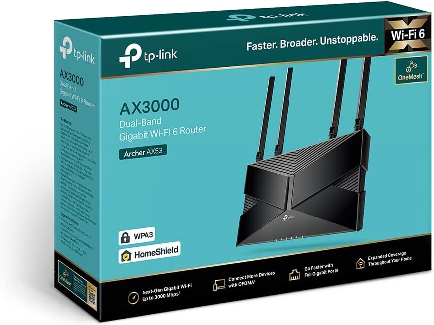 TP-Link WiFi 6 OneMesh AX3000 Mbps Gigabit VPN Router, Dual-Core CPU Fibre, WPA3 Cybersecurity, Ideal for Gaming Xbox/PS4/Steam, Compatible With Alexa (Archer AX53)