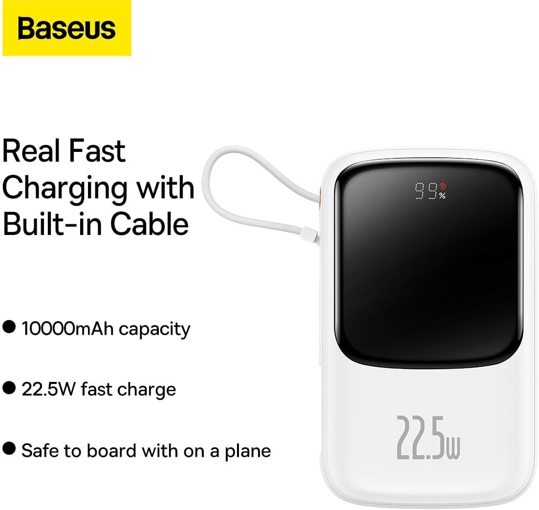Baseus Qpow Pro Digital Display Fast Charge Power Bank 10000mAh 22.5W Type-C Edition White（With: Simple charging cable Type-C 3A 0.3m White) Overseas Edition — 10K-22.5W-C — White