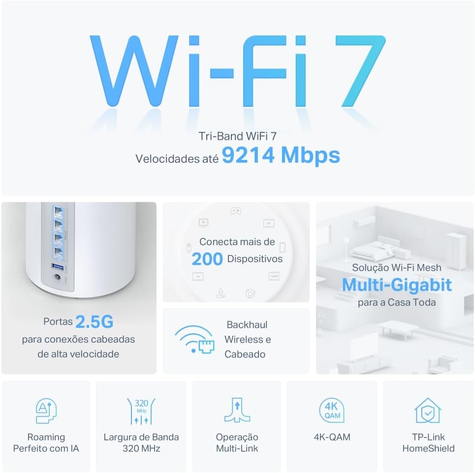 TP-Link Deco BE65(2-pack), BE9300 Mbps, 4 × 2.5 Gbps Ports, 320 MHz Channels, Works on a 6 GHz Band, Connectivity up to 200 Devices, VPN, WPA3, Tri-Band Wi-Fi 7 Mesh System