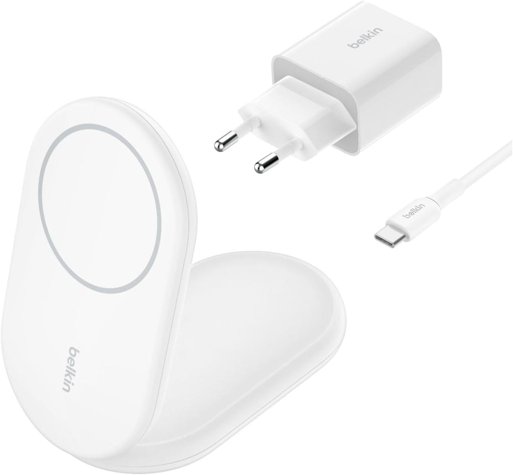 Belkin BoostCharge Qi2 Charging Cradle (Foldable Charger, MagSafe Compatible, 15W, for iPhone 16, 15, 14, 13, Standy Compatible Charger, AC Adapter Included, White)