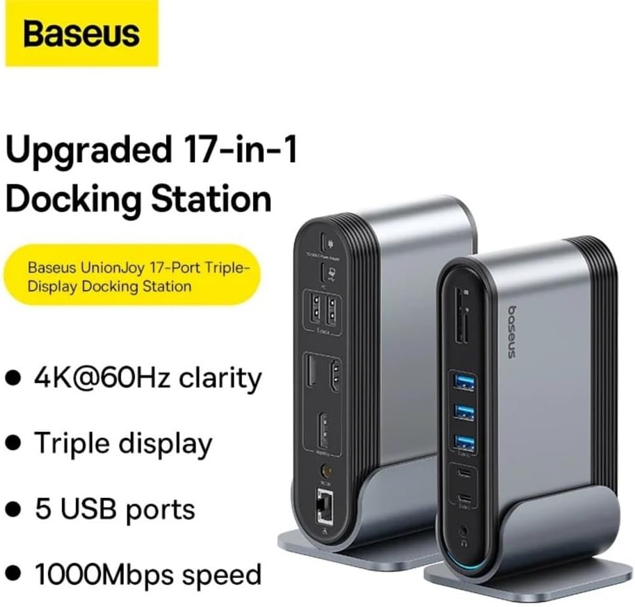 Baseus UnionJoy 17-Port Triple-Display USB-C Hub Docking Station Space Grey（USB-C to HDMI4K@60Hz*2+DP4K@60Hz*1+USB3.0 * 3+USB-C3.0 * 2+USB2.0 * 2+PD*1+PC*1+RJ45*1+SD/TF*1+3.5mm*1+DC*1 — Black