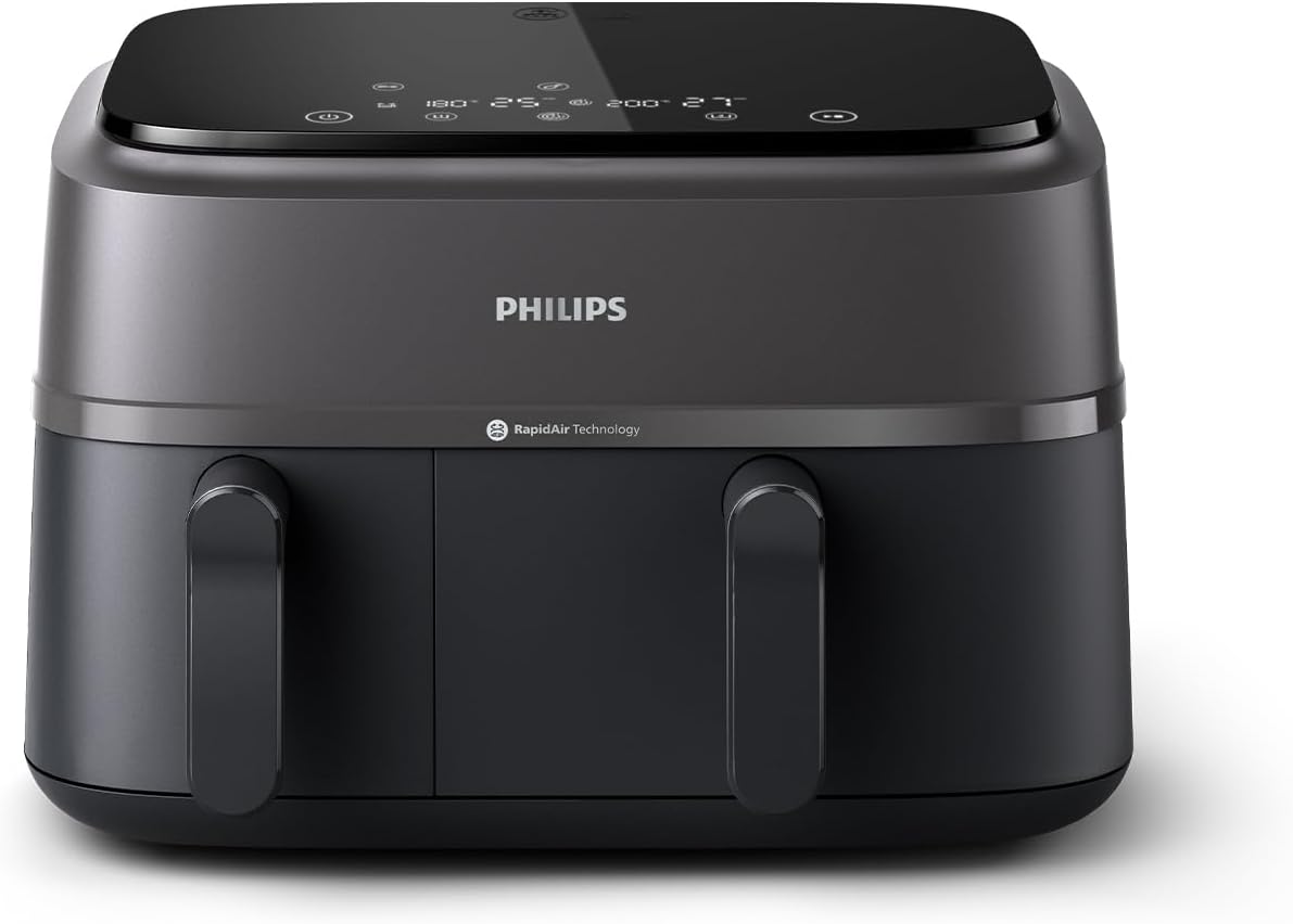 Philips Dual Basket Airfryer 3000 Series, 9L, 2 Drawer Air Fryer, with Breakfast Kit, Rapid Air Technology, Versatile Large Air Fryer for Family, 99% Less fat and Energy Saving, HomeID App (NA350/03) — Black & Silver