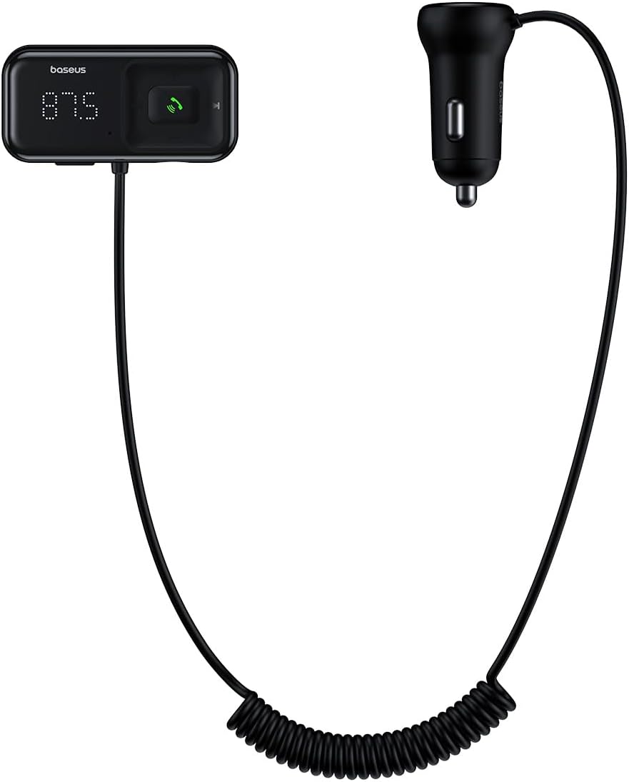 Baseus T Typed S16 Wireless MP3 & Car Charger, Wireless Handsfree Car Kit Aux Audio MP3 Player Built-in Mic for Bluetooth Phone Calls, Quick Car Phone Charger — Black