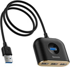 Baseus Square Round 4 in 1 USB HUB Adapter USB3.0 to USB3.0 x 1 + USB2.0 x 3, 1m, Black — Black