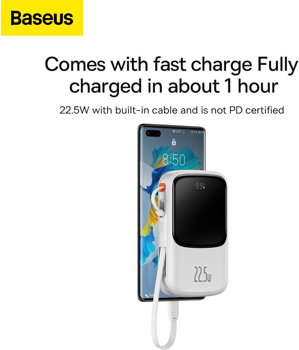 Baseus Qpow Pro Digital Display Fast Charge Power Bank 10000mAh 22.5W Type-C Edition White（With: Simple charging cable Type-C 3A 0.3m White) Overseas Edition — 10K-22.5W-C — White