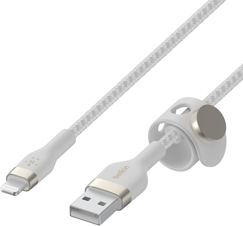 Belkin BoostCharge Pro Flex Braided USB Type A to Lightning Cable (3M/10FT), MFi Certified Charging for iPhone 14/14 Plus, 13, 12, Pro, Max, Mini, SE, iPad and More - White (Pack of 2)