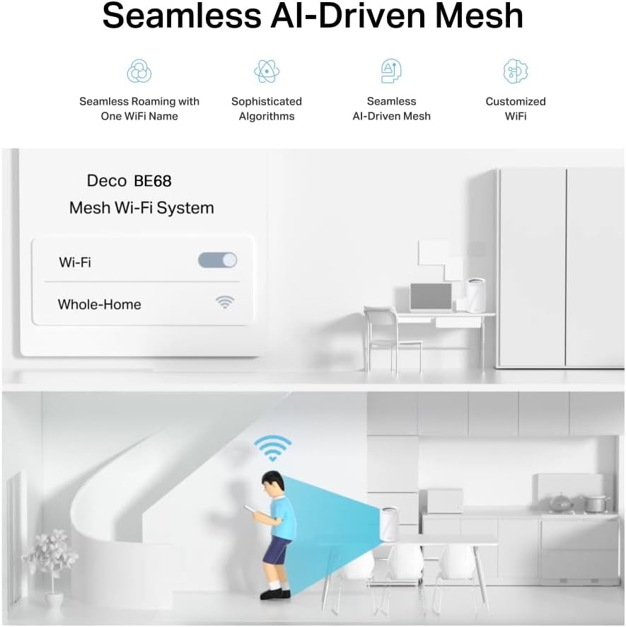 TP-Link BE14000 Tri-Band Whole Home Mesh WiFi 7 System|8-Stream 14 Gbps Tri-Band WiFi|Wireless and Wired Combined Backhaul|Multi-Link Operation|TP-Link HomeShield - Deco BE68(1Pack)