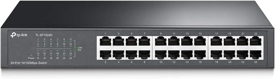 TP Link 24 Port 10/100Mbps Fast Ethernet Switch Plug & Play Desktop/Rackmount Sturdy Metal w/Shielded Ports Fanless Limited Lifetime protection Unmanaged TL SF1024D, white
