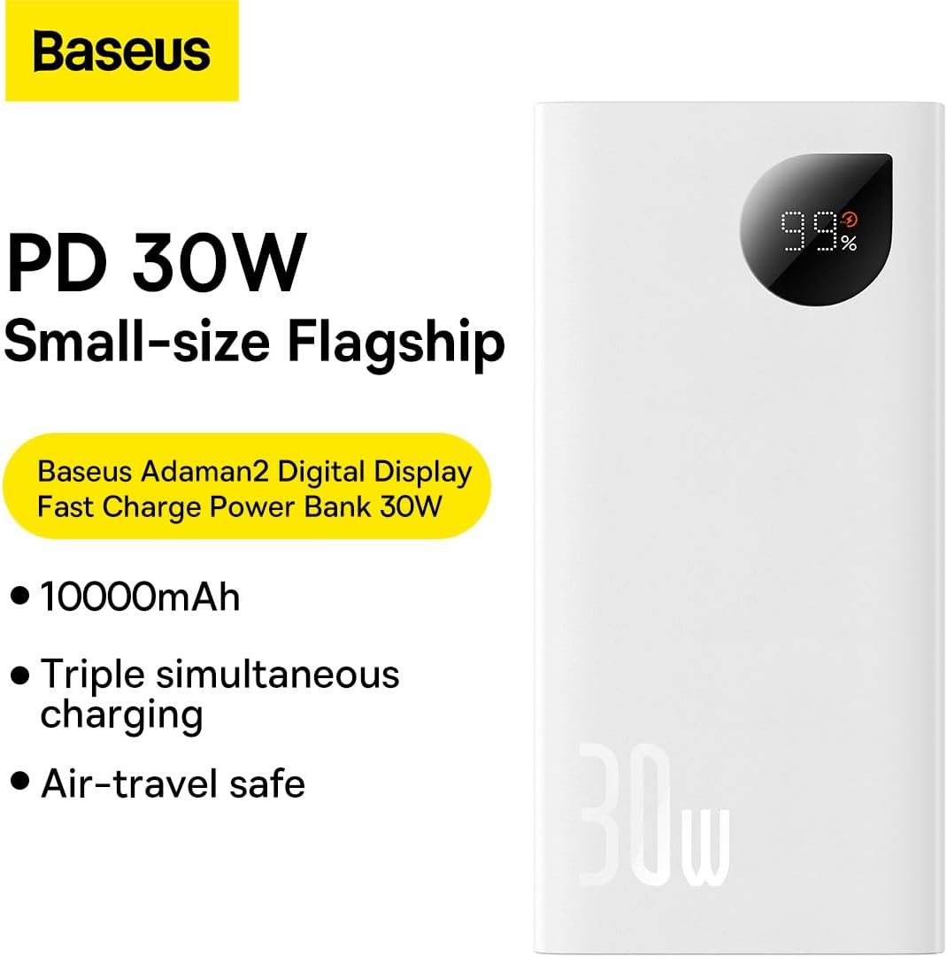 Baseus Adaman2 Digital Display Fast Charge Power Bank 10000mAh 30W(With Simple Series Charging Cable USB to Type-C 3A 0.3m) Overseas Edition (WHITE) — White
