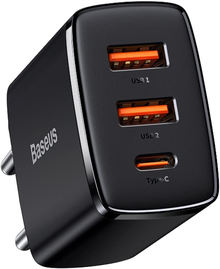 Baseus 30W USB-C PD Fast Charger, 1-Port Type-C & Dual-Port QC3.0 Wall Adapter EU Plug — 30W-EU-1C+2A — Black