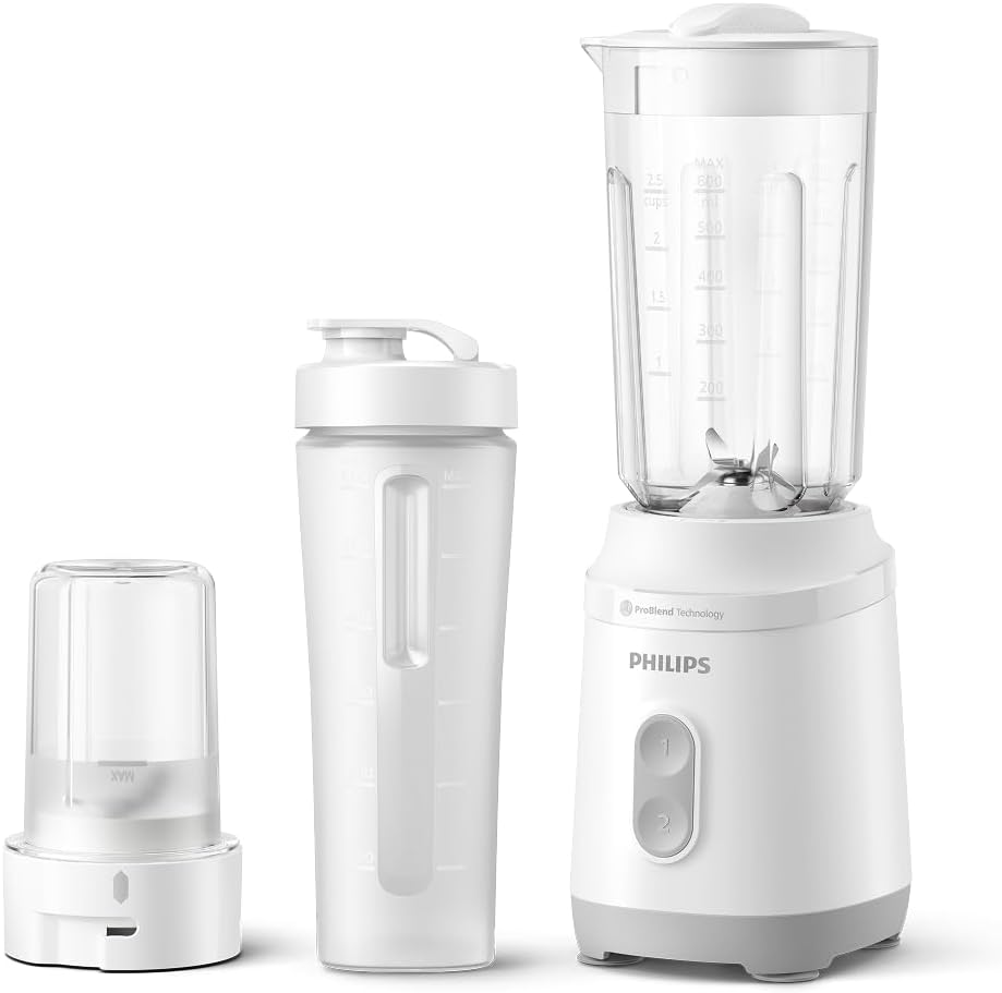 Philips Mini Blender 3000 Series – Compact Smoothie Maker with ProBlend Technology, Long-Lasting Motor, Dishwasher-Safe, Easy Storage (HR2512/00) — White