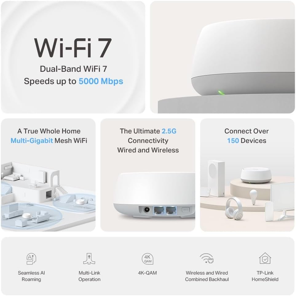 TP-Link Deco BE25(1-pack), BE3600 Mbps, 2×2.5 Gbps Ports, AI Supported Multi-Process Capability, Connectivity up to 150 Devices, VPN, WPA3, Dual-Band Wi-Fi 7 Mesh System