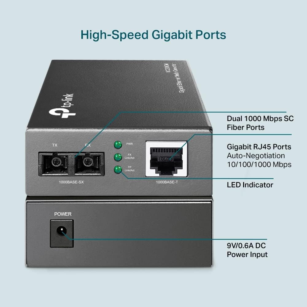 TP-Link MC200CM Gigabit Ethernet media converter, 2 SC fiber ports, 1 RJ45 port, multimode fiber, transmission distance 550m