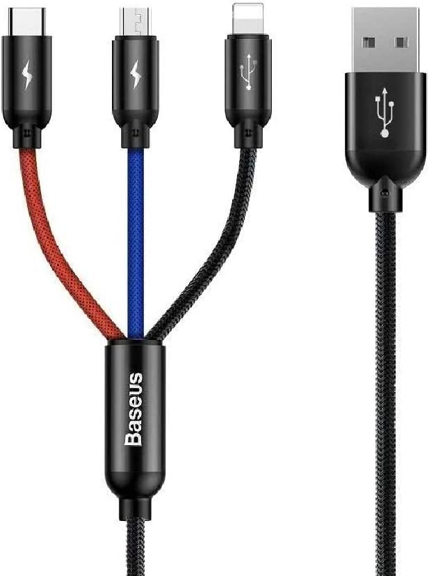 Baseus 3 in 1 USB Charging Cable Lighting Micro and Type C Three Primary Colors Data Sync Quick Charging — 30 Centimeters — Black