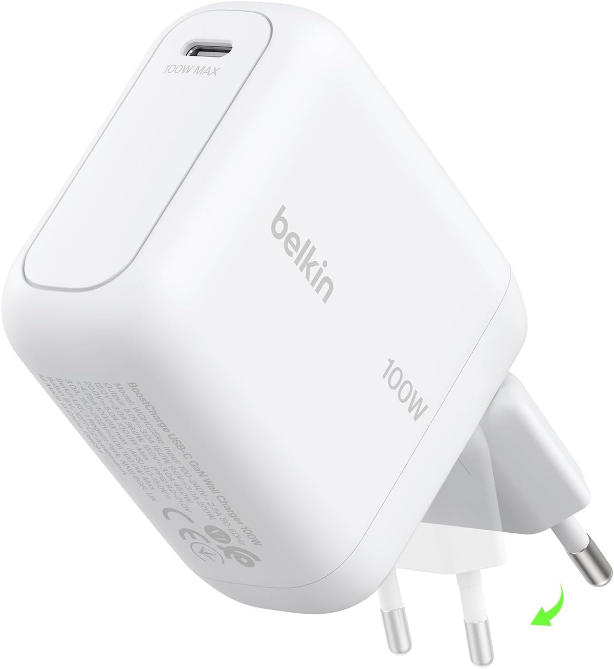 Belkin BoostCharge USB C Plug Charger 100W, GaN Compact and Foldable Plug Charger, Fast Charging for iPhone 17, Samsung Galaxy S26, Pixel 10, Tablet, MacBook - 1.5m USB C Cable Included - White