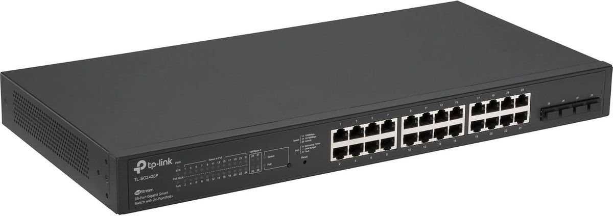 TP-Link TL-SG2428P JetStream 28-Port Gigabit Smart Switch with 24-Port PoE+, 4 SFP Slots (250 Watt Budget, Centralized Cloud Management Omada SDN, and Intelligent Monitoring)