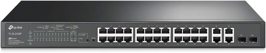 TP-Link TL-SL2428P V4 | 24 Port Fast Ethernet Smart Managed PoE Switch | 24 PoE+ Ports @250W, w/ 4 Gigabit Ports + 2 Combo SFP Slots | Omada SDN Integrated | Limited Lifetime Protection | PoE Recovery