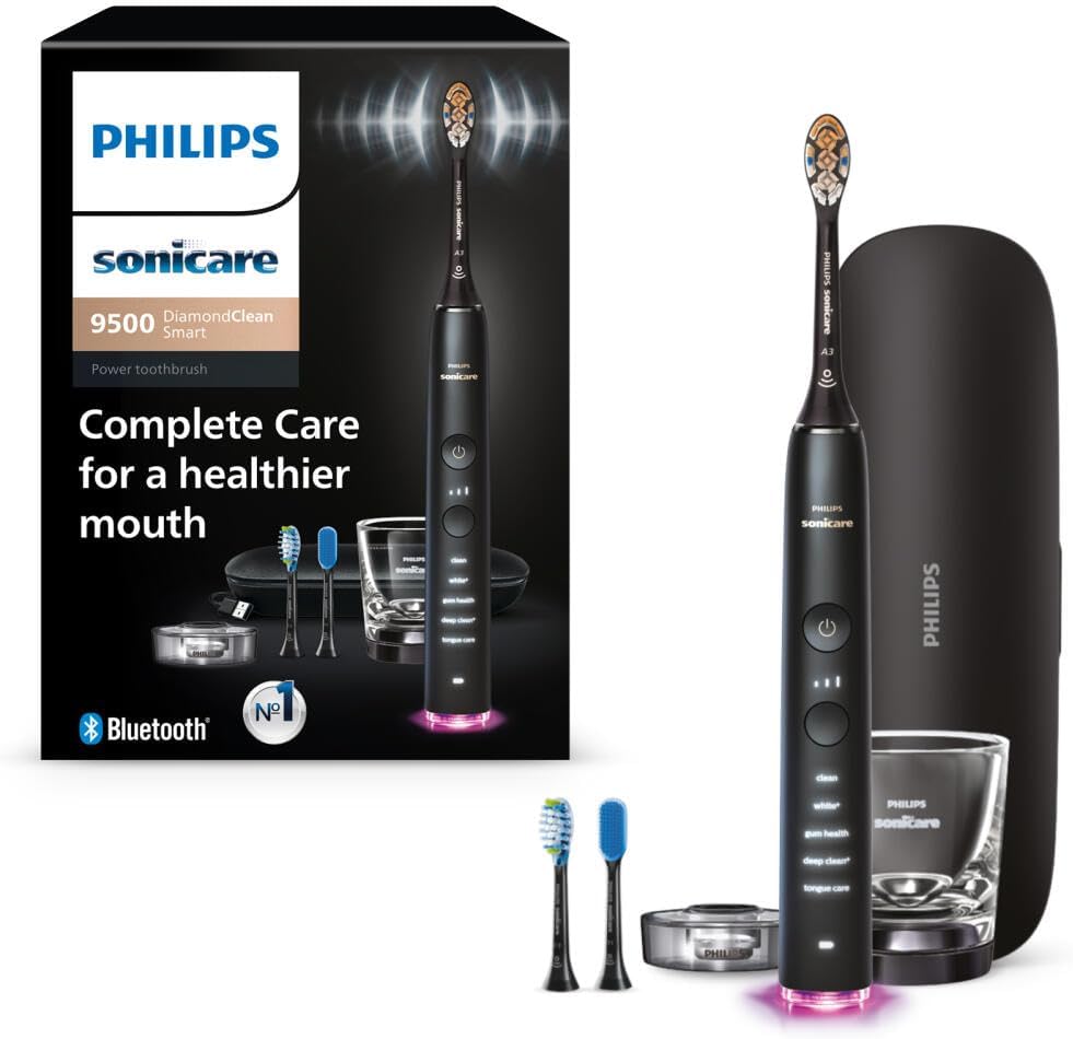 Philips SONICARE Philips DiamondClean Smart 9500 Electric Toothbrush, Sonic Toothbrush with App, Pressure Sensor, Brush Head Detection, 5 Brushing Modes and 3 Intensity Levels, Black, Model HX9923/11 — New Black