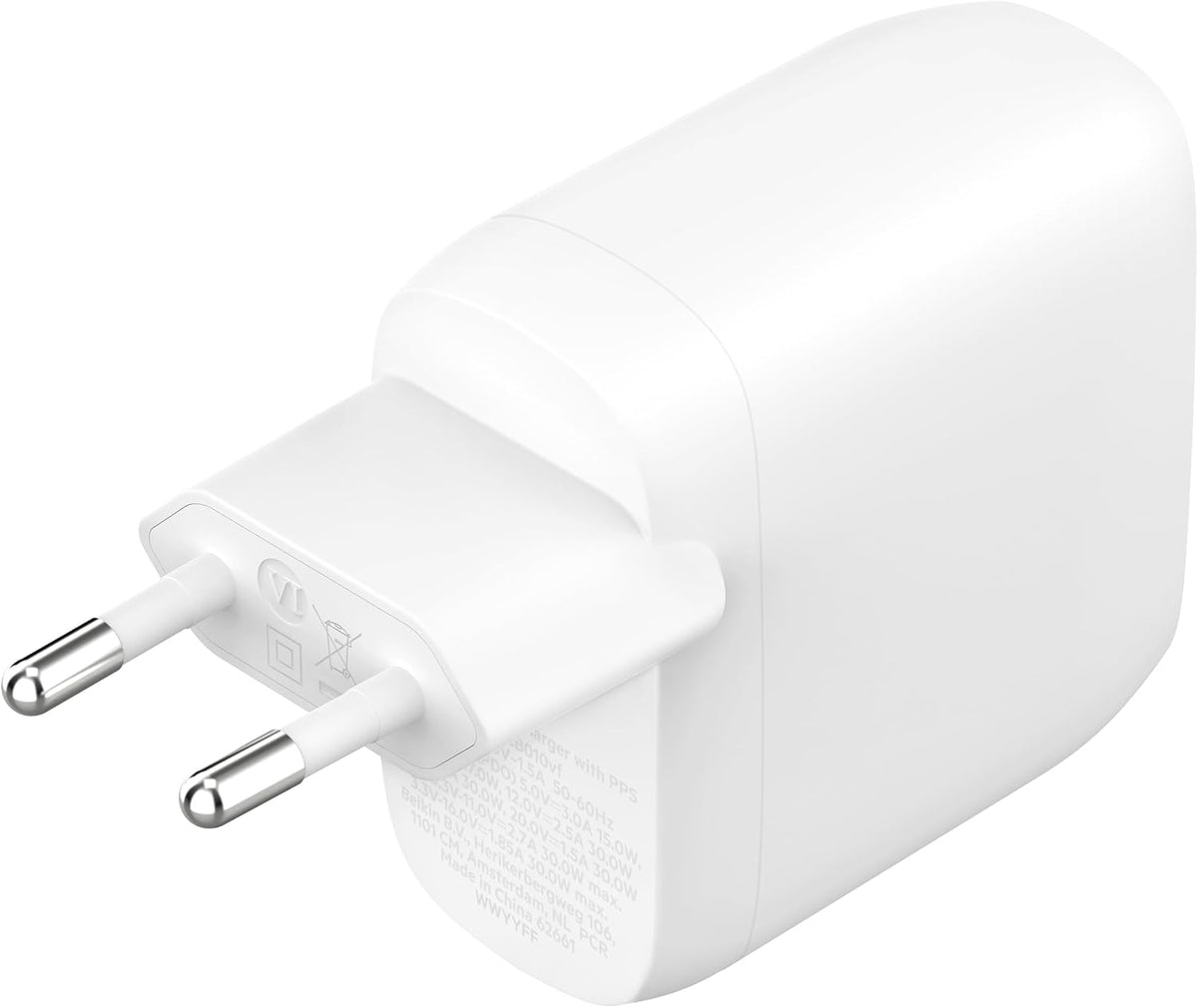Belkin BoostCharge Dual USB-C Plug with PPS 60W for Apple iPhone, iPad, Samsung Galaxy, Google Pixel - Compatible w/USB-C to Lightning Cable & USB-C to USB-C - White