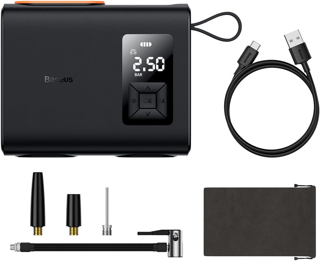 Baseus EnergyPump Mega Series Dual Cylinder Wireless Inflator, 150PSI Portable Air Compressor, 250W, 6000mAh, Smart LCD, Auto-Stop, LED Light, for Car, Motorcycle, Bike (Black) — Black
