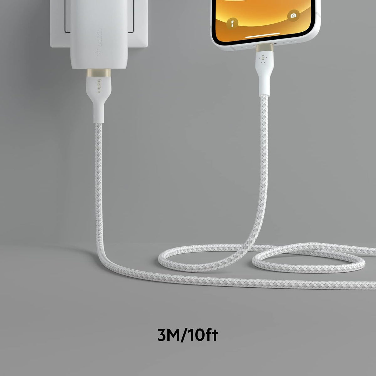 Belkin BoostCharge Pro Flex Braided USB Type A to Lightning Cable (3M/10FT), MFi Certified Charging for iPhone 14/14 Plus, 13, 12, Pro, Max, Mini, SE, iPad and More - White (Pack of 2)