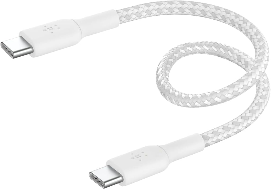 Belkin Fast Charge (0.5ft) Braided USB-C to USB-C Cable for iPhone 16, iPhone 16 Pro, iPhone 16 Pro Max, iPhone 16 Plus, iPhone 15, Galaxy S24, S23, Note10, Pixel 9, Pixel 8, iPad Pro & More - White