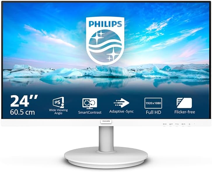Philips 241V8AW 24 Inch Full HD Monitor, Built-in Speaker, Flicker-Free (1920 x 1080, 75 Hz, VGA, HDMI) White — black