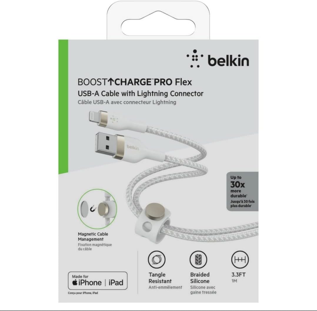 Belkin BoostCharge Pro Flex Braided USB Type A to Lightning Cable (1M/3.3FT), MFi Certified Charging Cable for iPhone 14/14 Plus, 13, 12, Pro, Max, Mini, SE, iPad and More - White (Pack of 2)