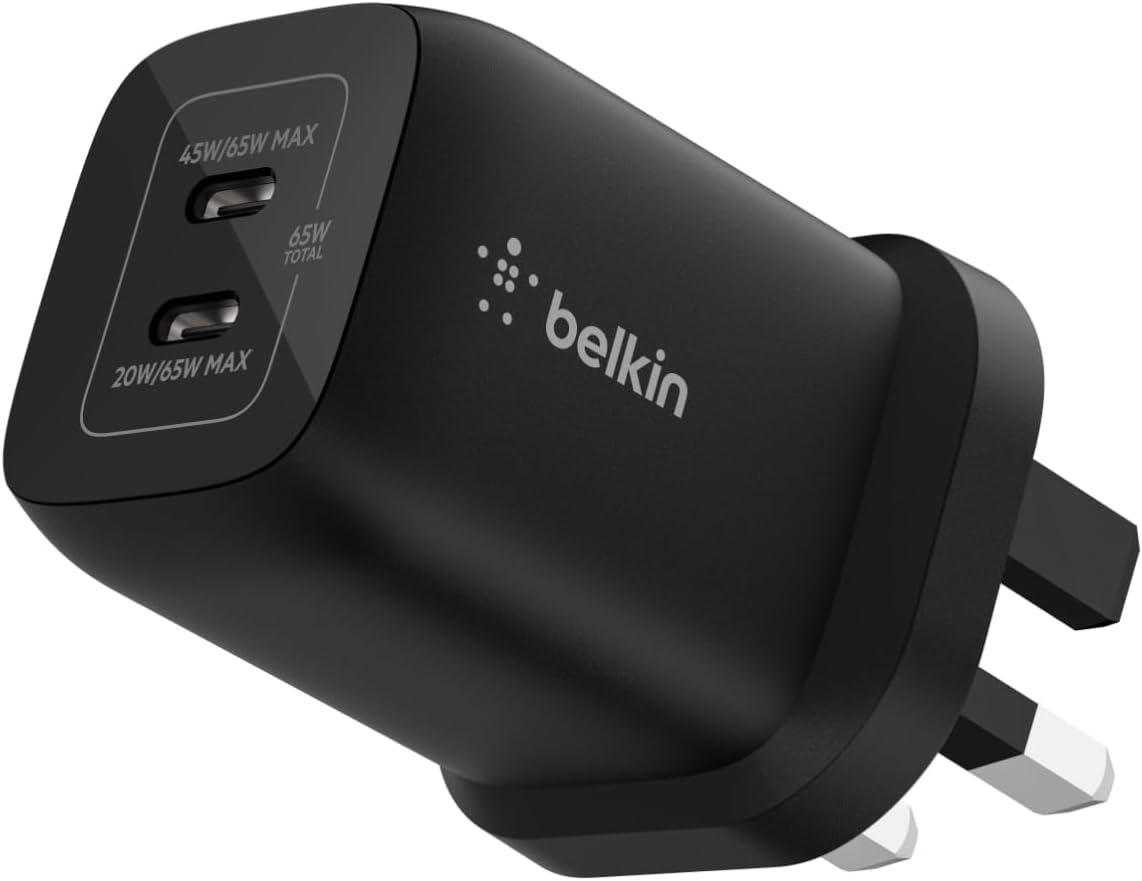Belkin Gaming Dual USB-C Plug 65W, Wall Charger USB 3.0 Fast Charger with GaN Technology for Nintendo Switch 2, iPhone 16, iPad, MacBook Air, Chromebook, Samsung Galaxy S25 Ultra, and More - Black