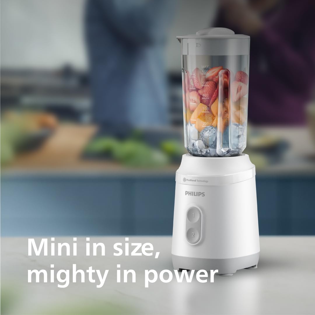 Philips Mini Blender 3000 Series – Compact Smoothie Maker with ProBlend Technology, Long-Lasting Motor, Dishwasher-Safe, Easy Storage (HR2512/00) — White