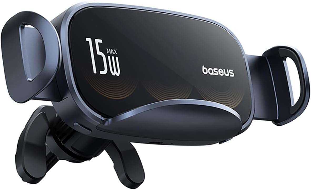 Baseus Triple-Coil 15W Wireless Car Charger for Air Vent【شاحن السيارة اللاسلكي 】Electric Clamping Car Phone Holder, Glass Panel Car Phone Mount — Wireless-Electric Clamp-TC — Black