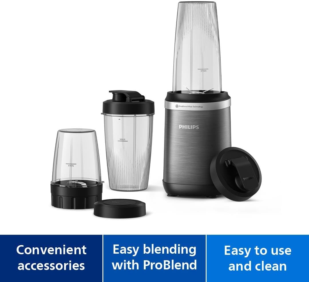 Philips Blender 1000W, 2 Tumblers + 0.3L Cup, Pulse Option, Press & Twist — Silver metal