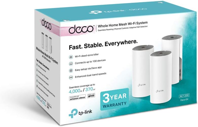 TP-Link Deco E4 Whole Home Mesh Wi-Fi System, Seamless and Speedy (AC1200), 2×100Mbps Ethernet Ports, Work with Amazon Echo/Alexa, Router and WiFi Booster Replacement, Parent Control, Pack of 3