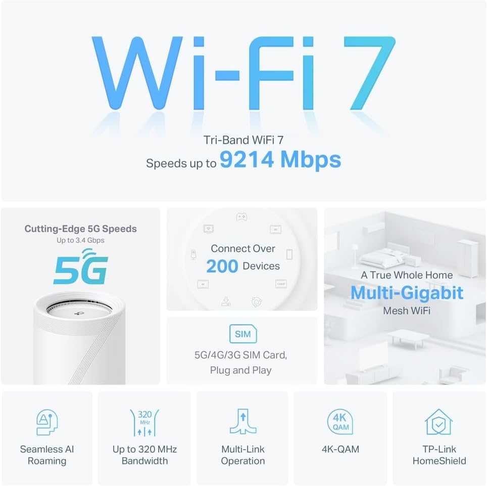TP-Link 5G BE9300 Tri-Band Whole Home Mesh Wi-Fi 7 System | Enjoy 5G Network Everywhere | Universal Compatibility | Wireless and Wired Combined Backhaul | TP-Link HomeShield - Deco BE65-5G (1Pack)