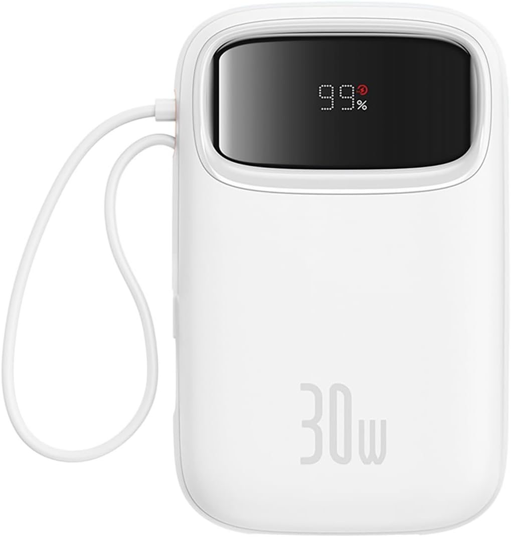 Baseus Qpow2 10000mAh Type C Power Bank with 2 Built-in USB C Cable, 30W Portable Battery with LED Display, 1 USB C, USB A Port External Pack — 10K-30W-C+C — White
