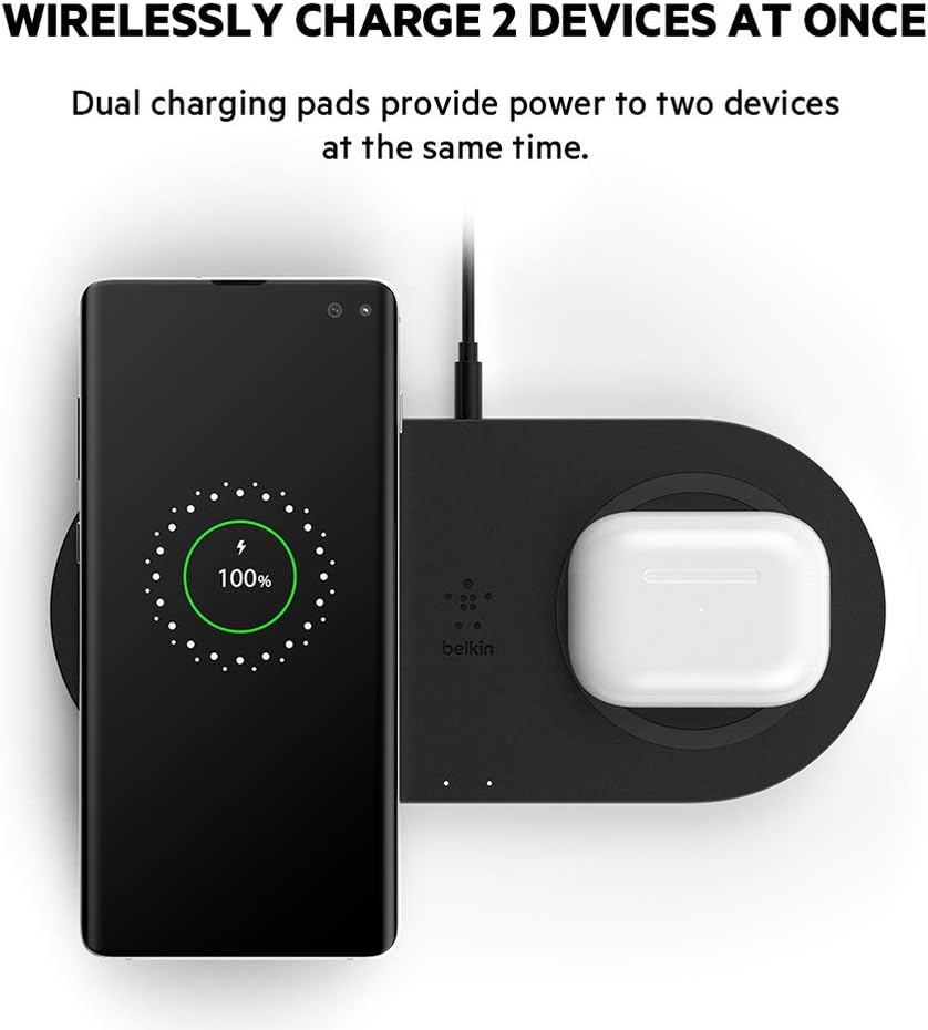 Belkin dual wireless charger (dual wireless charging pad 15w) fast charge 2 devices at once, including iphone, airpods, galaxy, pixel, more - black
