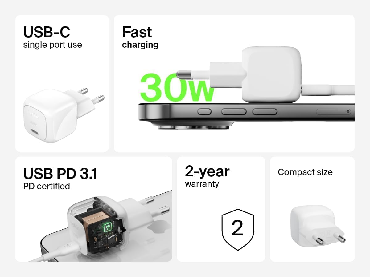 Belkin BoostCharge Compact Charger 30W Travel USB-C Power Delivery Fast Charge for Apple iPhone Series 16 15 14 13 12 iPad AirPods - White