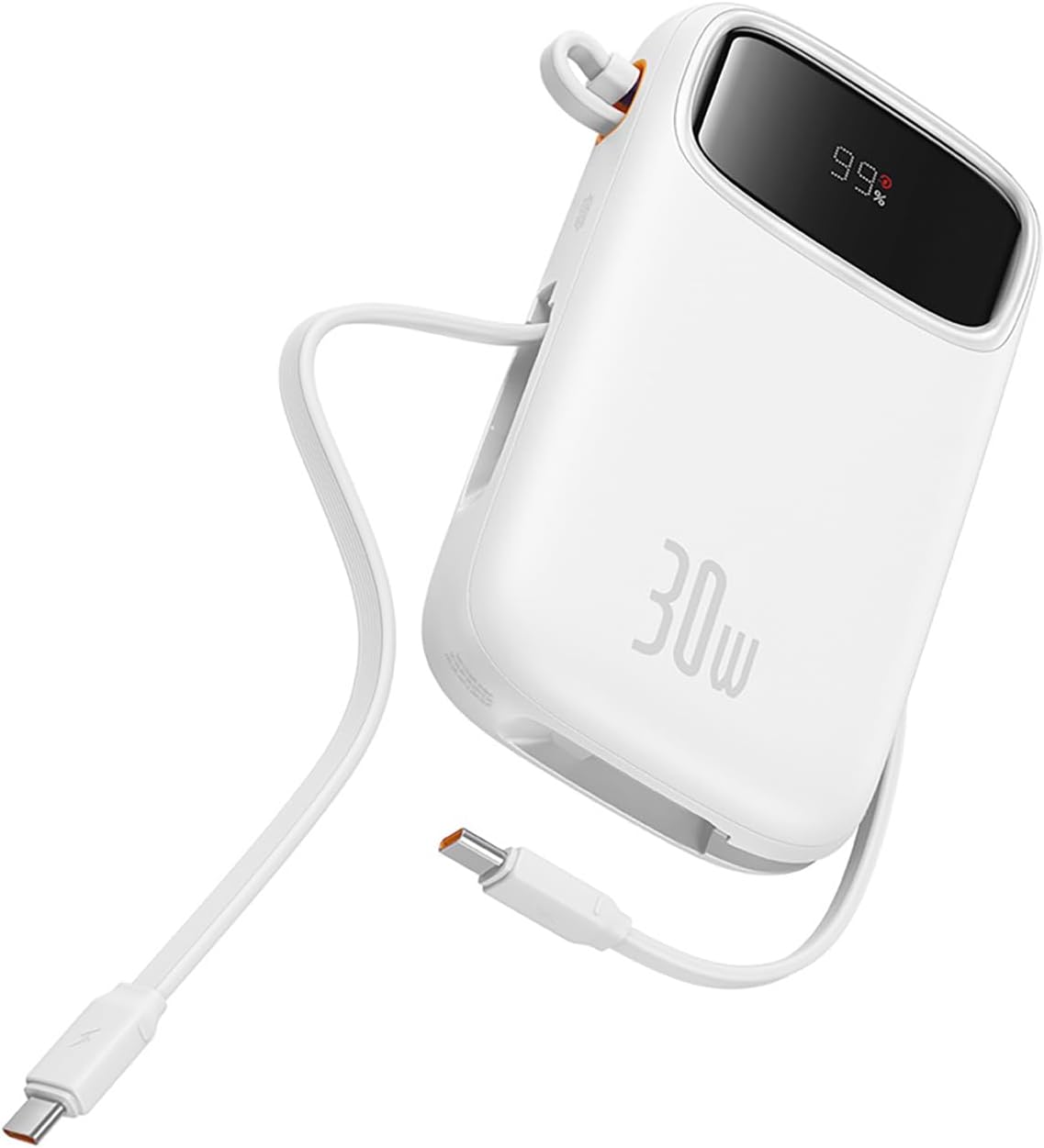 Baseus Qpow2 10000mAh Type C Power Bank with 2 Built-in USB C Cable, 30W Portable Battery with LED Display, 1 USB C, USB A Port External Pack — 10K-30W-C+C — White