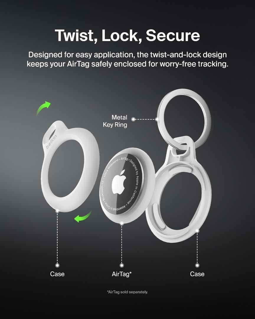 Belkin Airtag Case With Key Ring, Secure Holder Protective Cover For Air Tag With Scratch Resistance Accessory - White