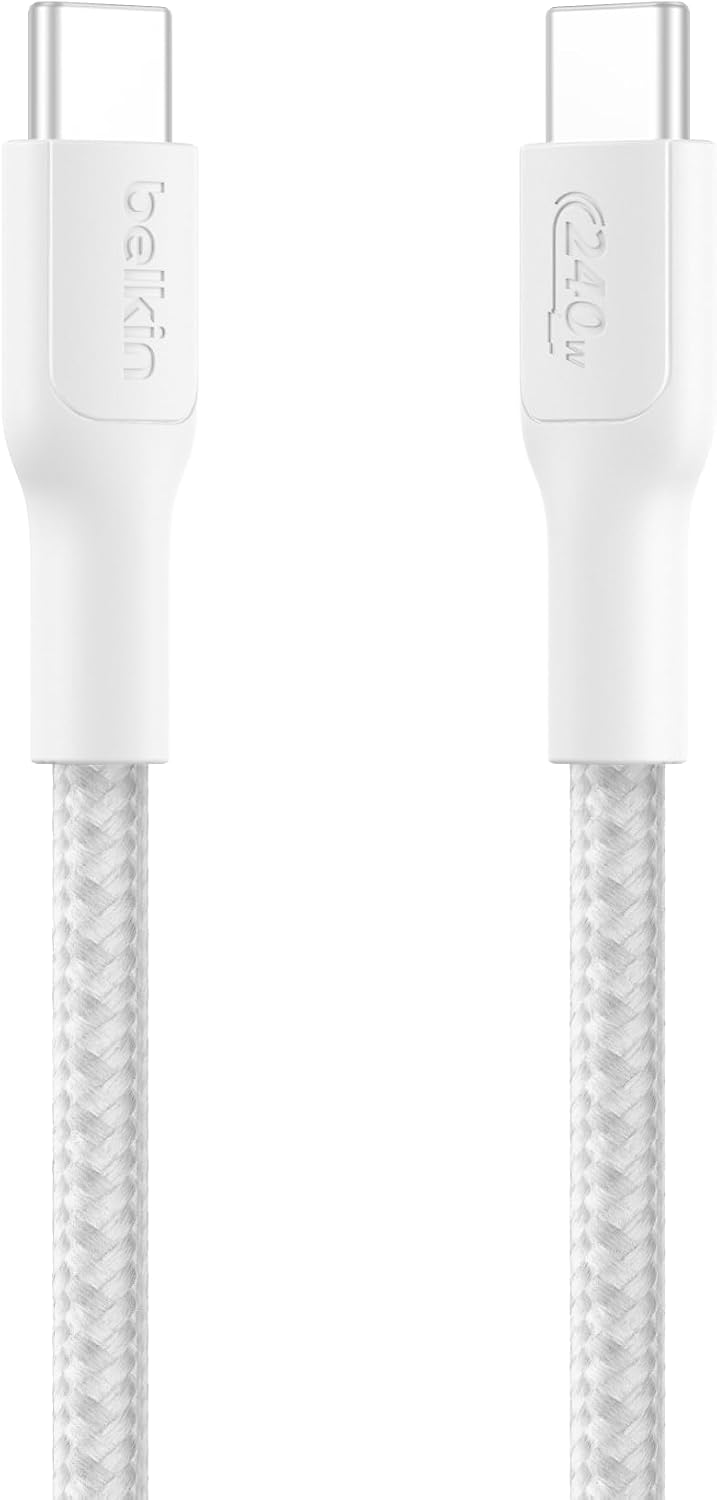 Belkin Eco Braided USB-C to USB-C Cable (1M, 240W) - Soft, Flexible Fast-Charging Cable, Type C Charger Cord for iPhone 16, Galaxy S25, Pixel 9, MacBook, iPad Pro, & More - White (USB 2.0)