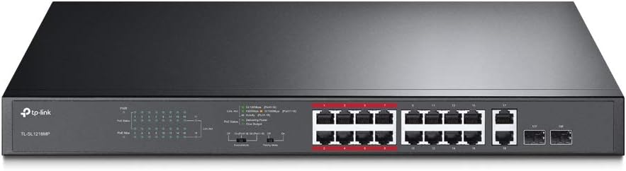 TP-Link TL-SL1218MP 16 Port 10/100Mbps Fast Ethernet PoE Switch 16 PoE+ Ports @250W, w/ 2 Uplink Gigabit Ports + 2 Combo SFP Slots, Priority, Extend & Isolation Mode,Black