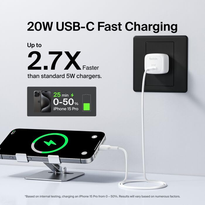 Belkin BoostCharge 20W Cubic Wall Charger, USB-C Power Delivery Fast Charging for Apple iPhone Air, iPhone 16, iPhone 15, Samsung Galaxy S25, Google Pixel, iPad, AirPods & More - White (Pack of 2)
