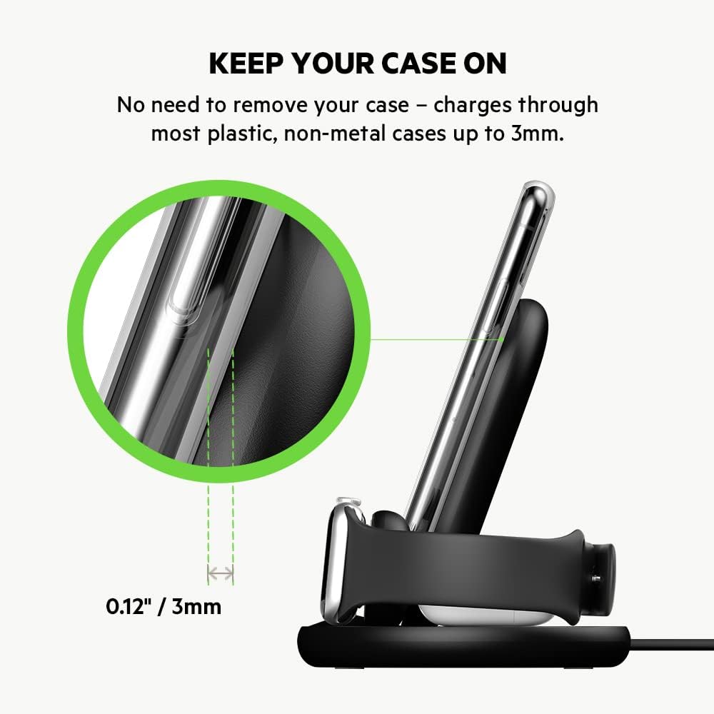 Belkin 3 in 1 Wireless Charging Station, 7.5W Wireless Charger for iPhone, Apple Watch and AirPods, Wireless Charging Dock, iPhone Charging Dock, iPhone 16, 15, 14, Apple Watch series 10, 9, 8 - Black