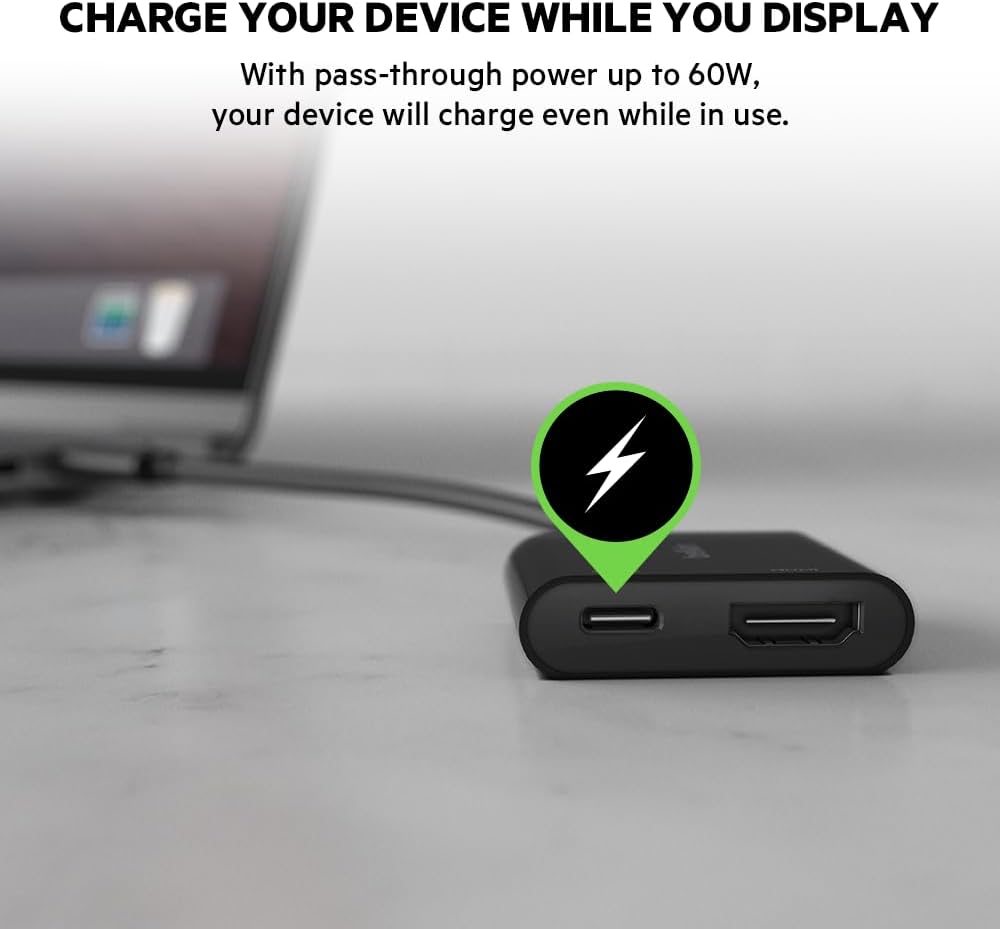 Belkin USB-C to HDMI Adapter + Charge (Supports 4K UHD Video, Passthrough Power up to 60W for Connected Devices) MacBook Pro HDMI Adapter