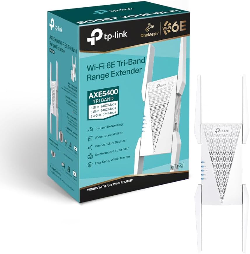 TP-Link AXE5400 Tri-Band Mesh Wi-Fi 6E Range Extender | Broadband/Wi-Fi Extender | Wi-Fi Booster/Hotspot with 1 Gigabit Port | 160 MHz Channels | Built-In Access Point Mode | Easy Setup - RE815XE