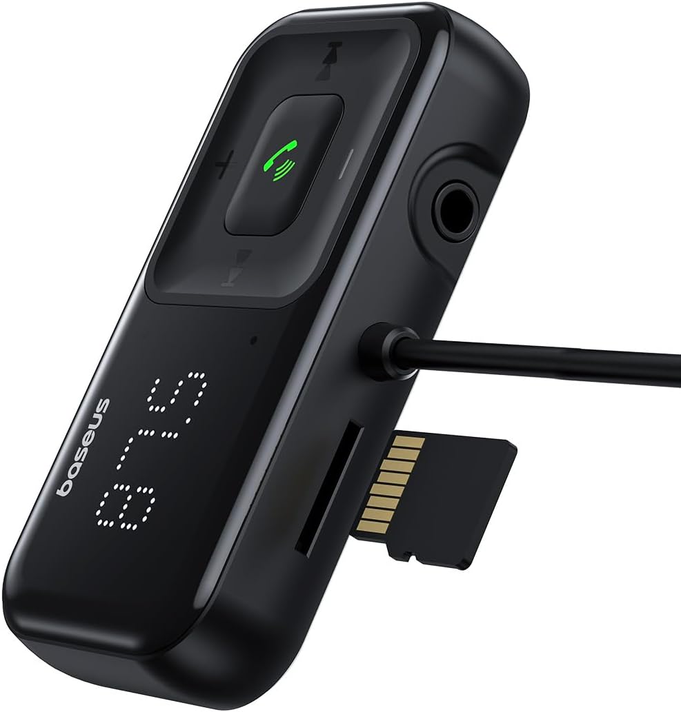 Baseus T Typed S16 Wireless MP3 & Car Charger, Wireless Handsfree Car Kit Aux Audio MP3 Player Built-in Mic for Bluetooth Phone Calls, Quick Car Phone Charger — Black